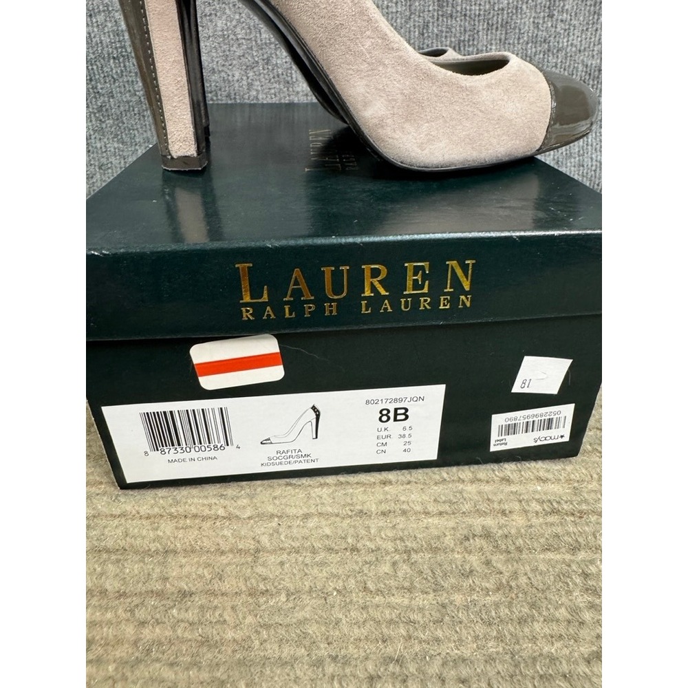 Lauren Ralph Lauren Suede Patent Leather Cap Toe Pumps Beige Taupe 8B - Picture 9 of 9